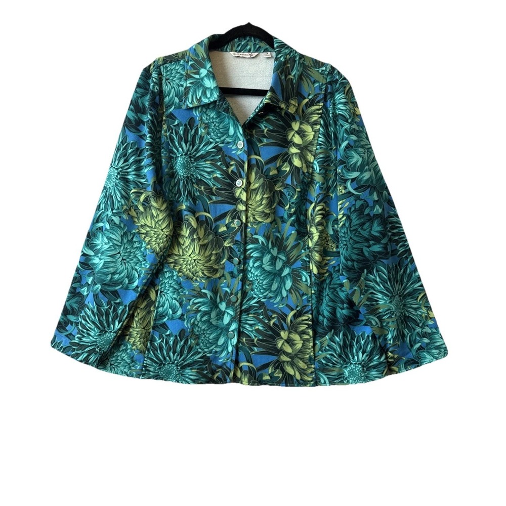 Isaac Mizrahi Blue Green Bloom Floral Button Jacket 2X Layering Luxury Resort